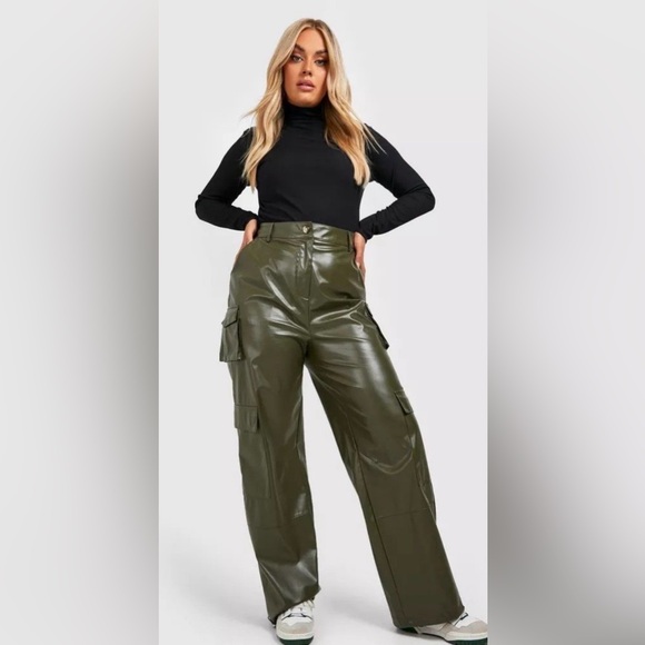 Abercrombie & Fitch Dark Green Faux Leather Wide Leg Cargo Pants - Picture 2 of 15